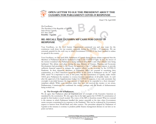 OPEN LETTER TO H.E THE PRESIDENT ABOUT THE UGX10BN FOR PARLIAMENT COVID-19 RESPONSE