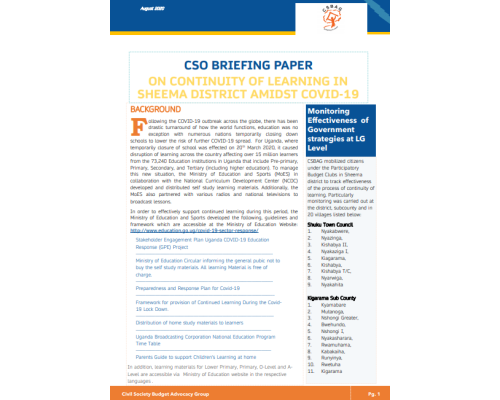 CSO Briefing Paper on continuity of learning in Sheema District Amidst COVID-19