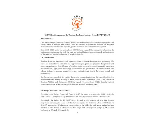CSBAG Position Paper On The Tourism Trade And Industry Sector BFP FY 2016/17