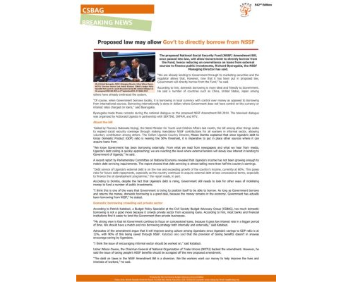 thumbnail of CSBAG NEWS UPDATE Proposed law may allow Gov’t to directly borrow from NSSF