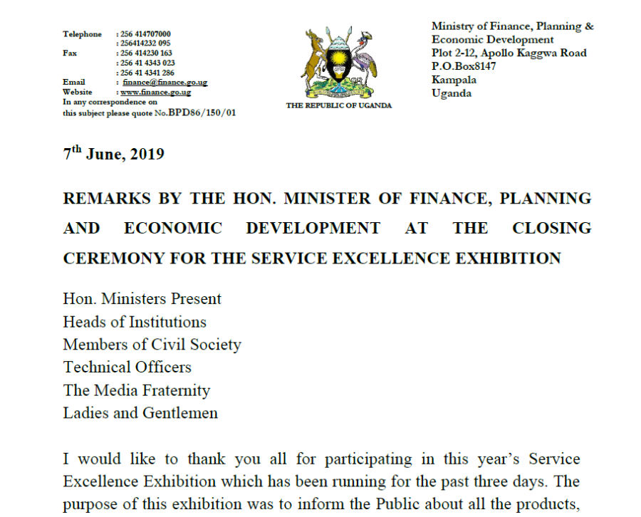 Closing Remarks By Hon Kasaija At The Closing Ceremony For The Service Excellence Exhibition