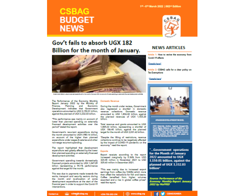 Gov’t fails to absorb UGX 182 Billion for the month of January