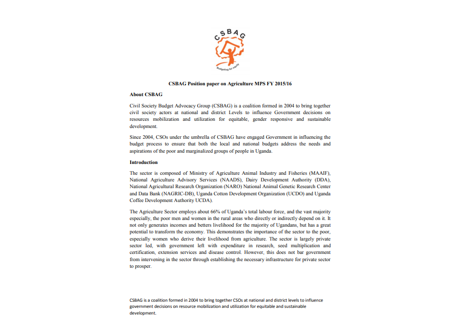CSBAG Position Paper on Agriculture FY 2015/16