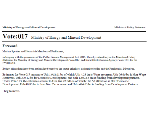 Ministerial Policy Statement Of The Ministry Of Energy And Mineral Development FY 2017/18.