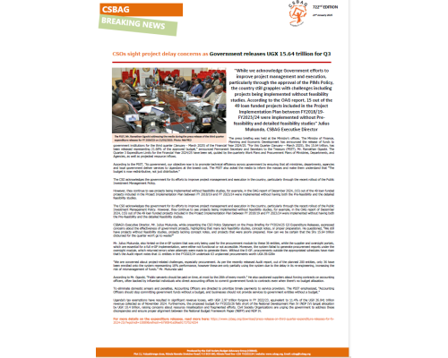 CSOs sight project delay concerns as Government releases UGX 15.64 trillion for Q