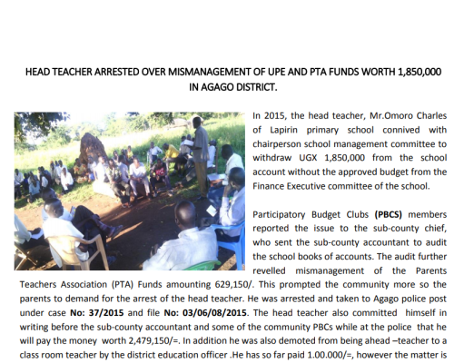 Head Teacher Arrested Over Mismanagement Of Upe And Pta Funds Worth 1,850,000 In Agago District