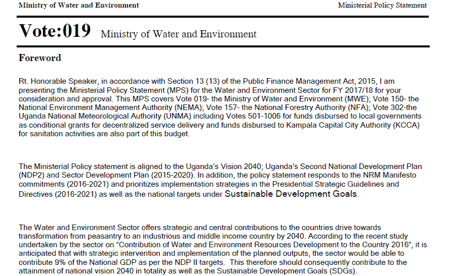 Ministerial Policy Statement Of The Ministry Of Water And Environment For FY 2017/18.