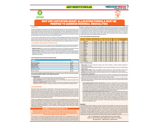 Why UPE Capitation Grant allocation formula must be modified  to address regional inequalities