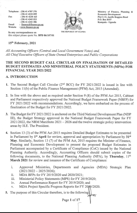 The Second Budget Call Circular on Finalization Of Detailed Budget Estimates And Ministerial Policy Statement (MPS) For FY 2021/2022 Image