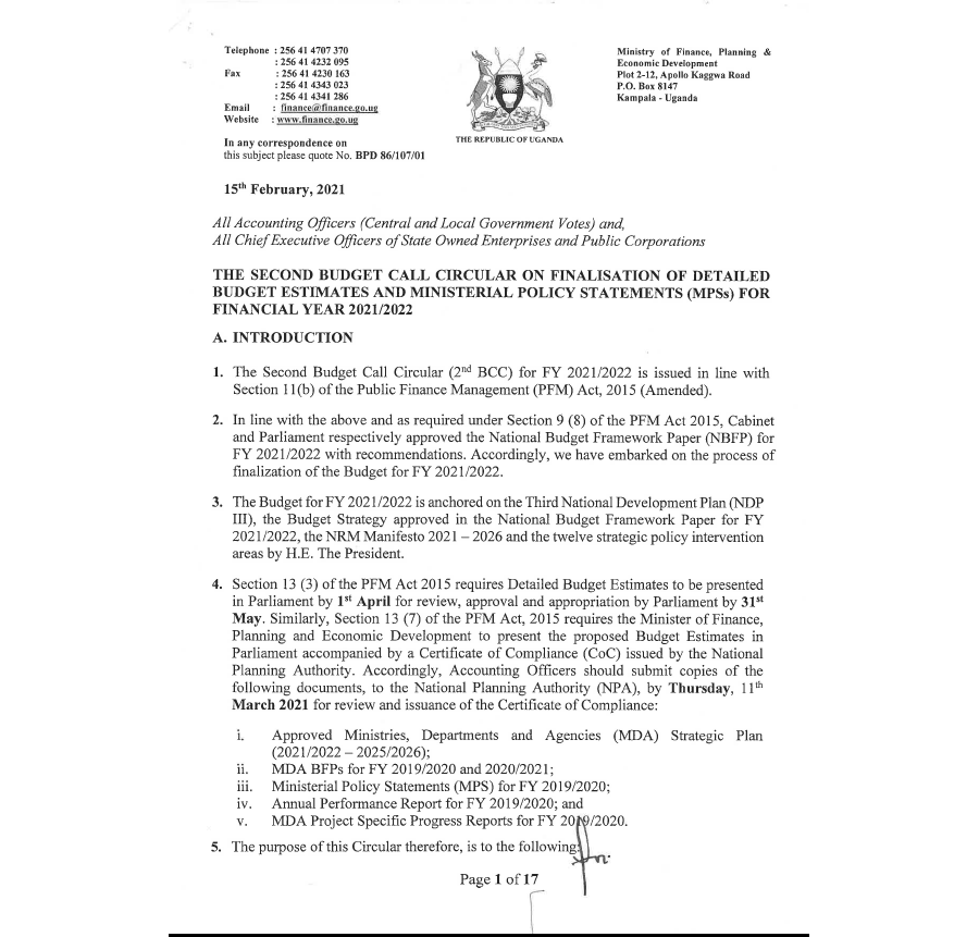 The Second Budget Call Circular on Finalization Of Detailed Budget Estimates And Ministerial Policy Statement (MPS) For FY 2021/2022