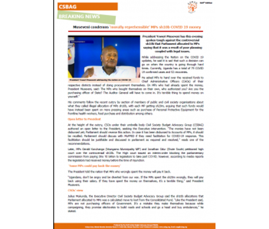 Museveni condemns morally reprehensible MPs sh10b COVID 19 money