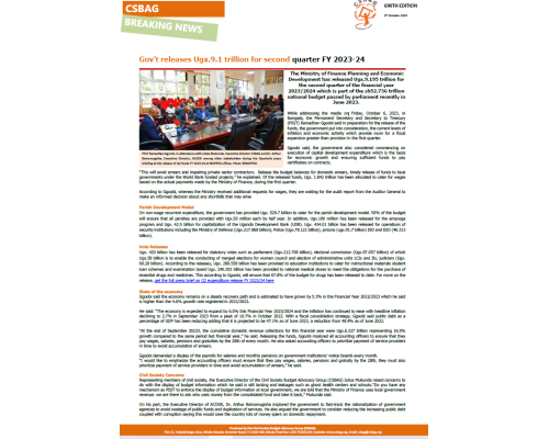 Gov’t releases Ugx.9.1 trillion for second quarter FY 2023-24