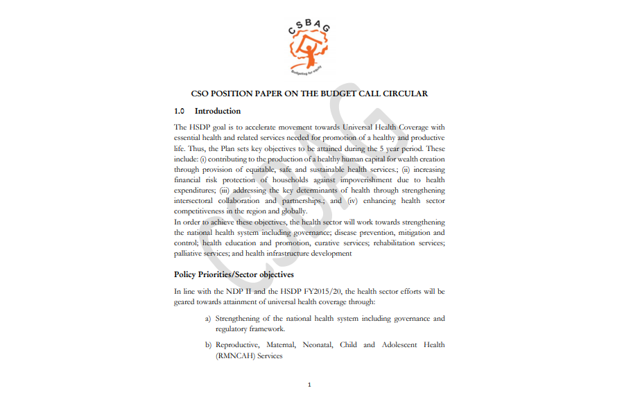 CSO Position Paper On Health Sector Budget For The 1st Budget Call Circular