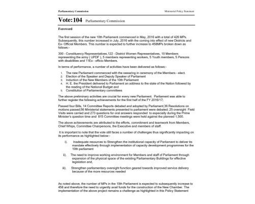 Ministerial Policy Statement Of Parliamentary Commission FY 2017/18.