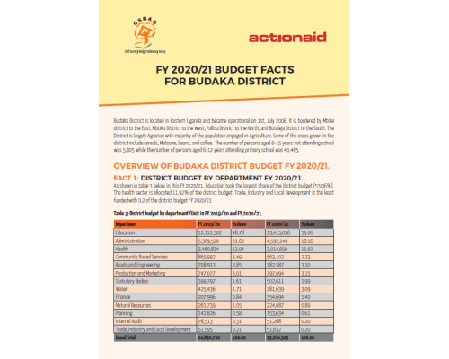 FY 2020/21 BUDGET FACTS FOR BUDAKA DISTRICT