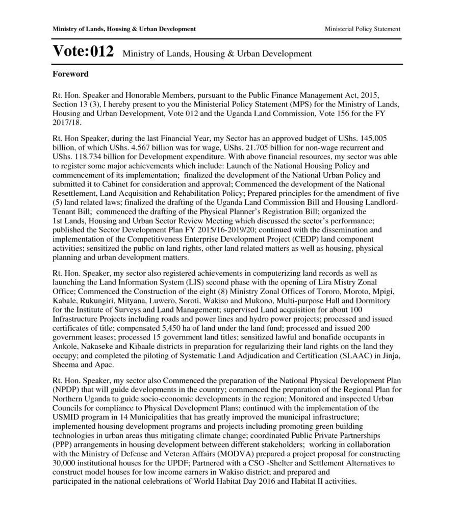 Ministerial Policy Statement Of The Ministry Of Lands,housing And Urban Development For FY 2017/18