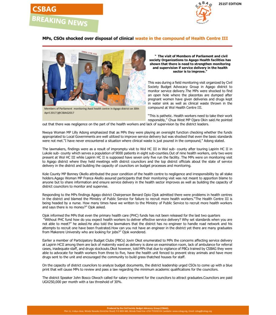 MPs, CSOs shocked over disposal of clinical waste in the compound of Health Centre III