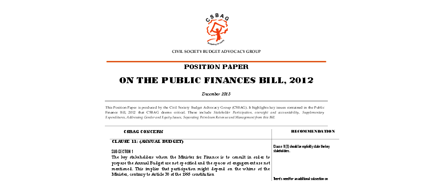 CSBAG Position Paper On The Public Finances Bill 2012
