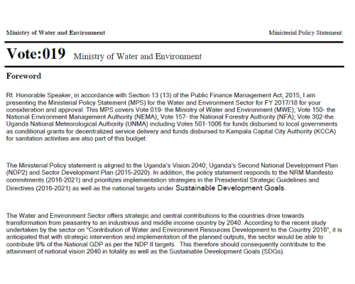 Ministerial Policy Statement Of The Ministry Of Water And Environment For FY 2017/18.
