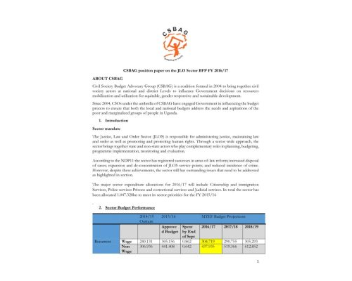 CSBAG Position Paper On The JLO Sector BFP FY 2016/17