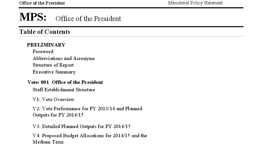 Office Of The President Ministerial Policy Statement FY2014-15
