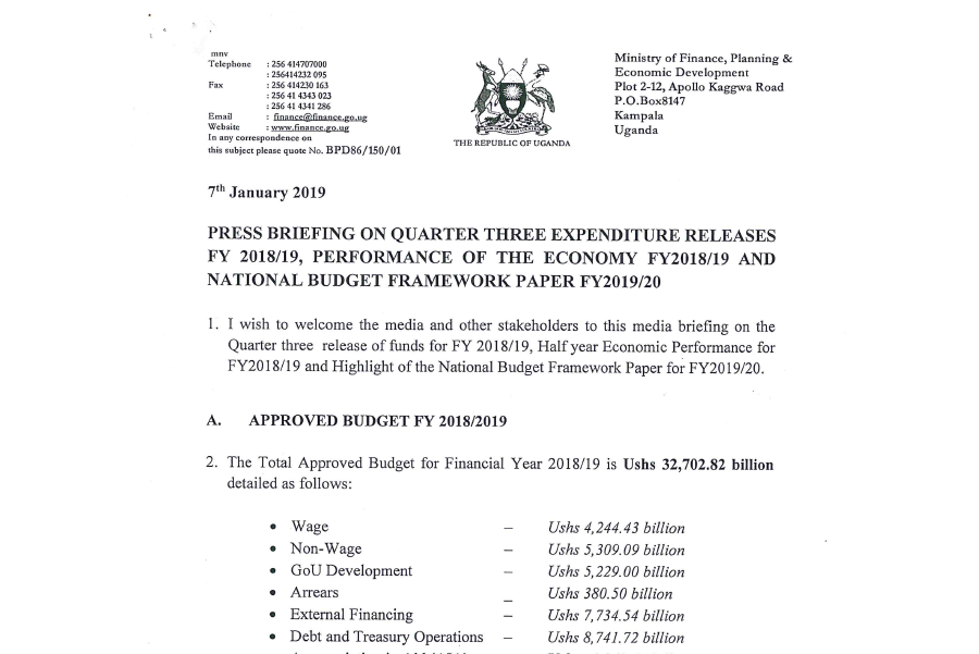 Press Release On Quarter Three Expenditure Released FY 2018/19 And Performance Of The Economy FY 2018/19 And NBFP FY 2019/20