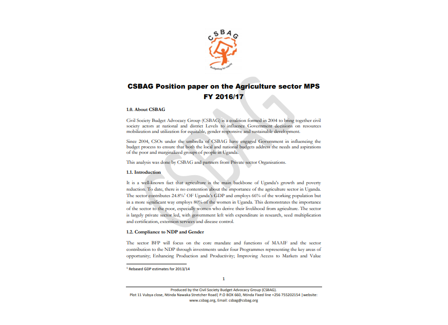 CSBAG Position Paper on The Agriculture Sector MPS FY 2016/17