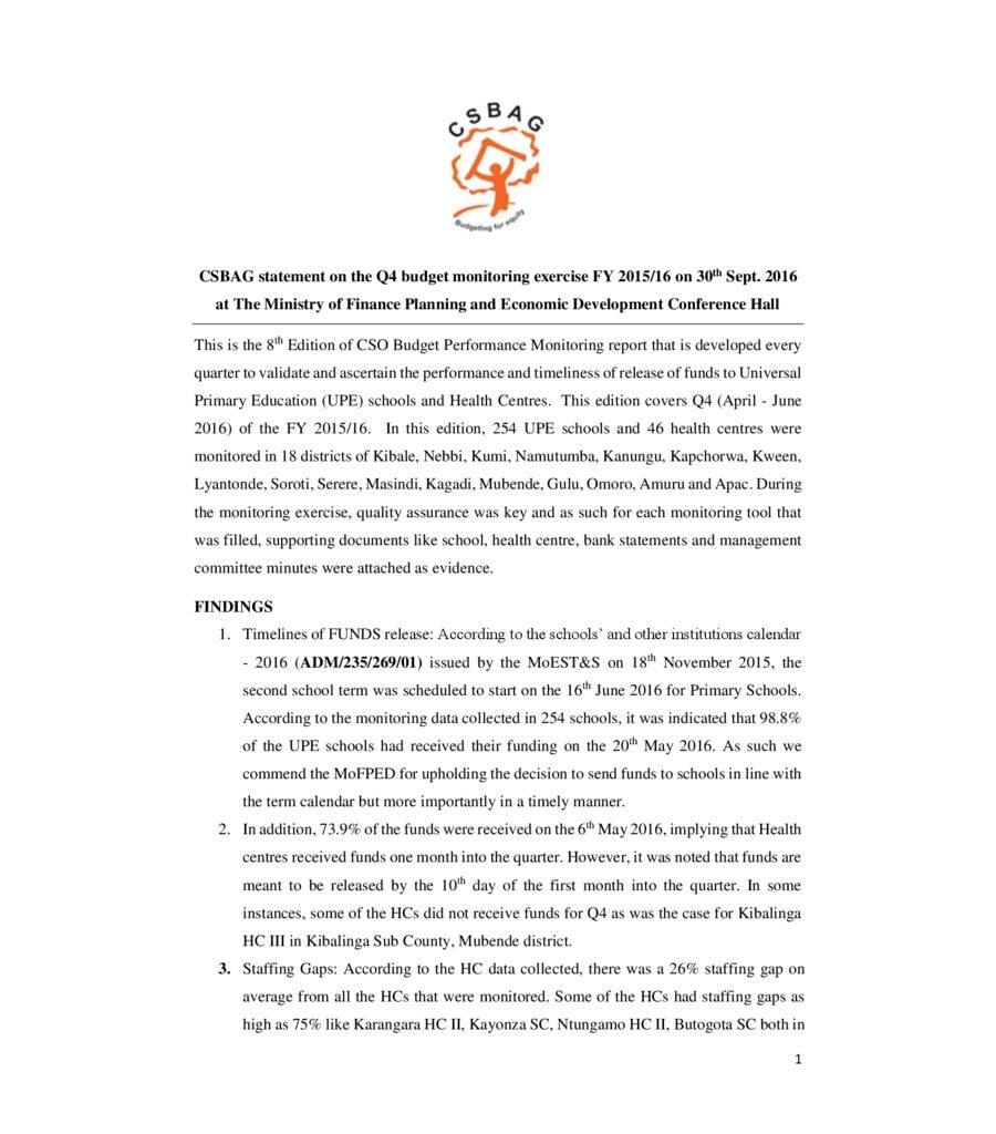 CSBAG Statement On The Q4 Budget Monitoring Exercise FY 2015/16