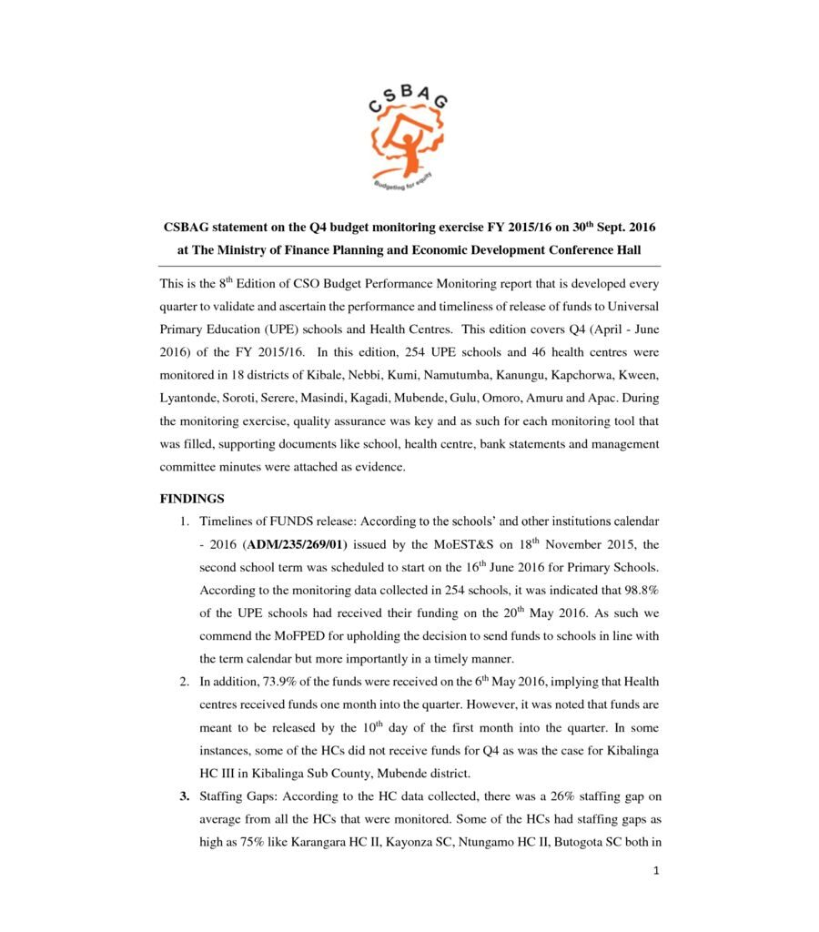 CSBAG Statement On The Q4 Budget Monitoring Exercise FY 2015/16