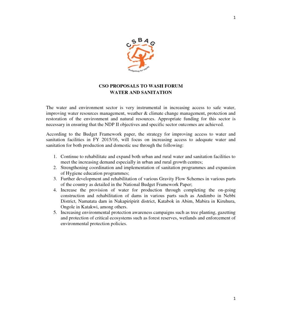CSOS Proposals To Water, Sanitation And Hygiene Forum FY 2015/16