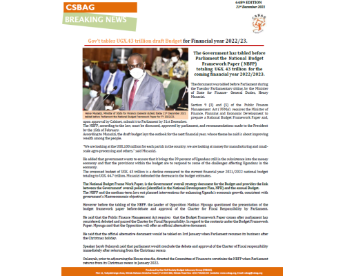 Gov’t tables UGX.43 trillion draft Budget for Financial year 2022/23.
