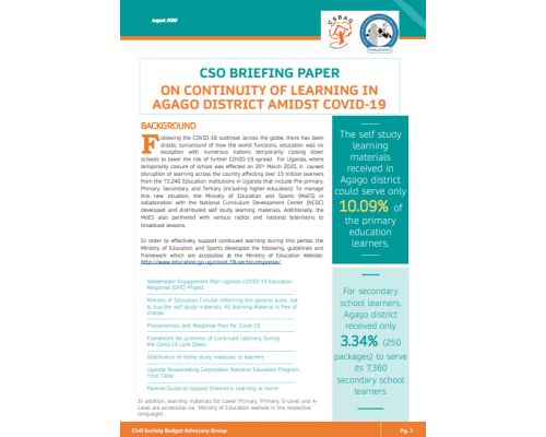 CSO Briefing Paper on continuity of learning in Agago District Amidst COVID-19