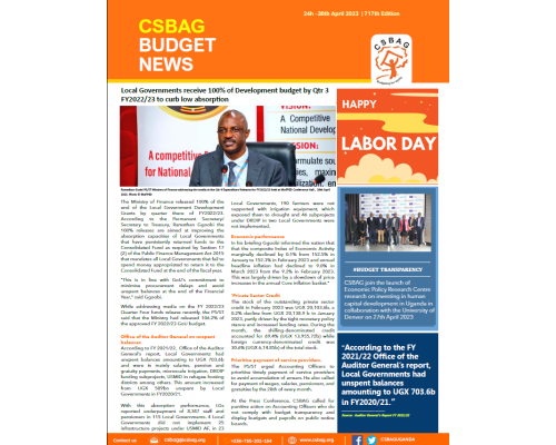 Local Governments receive 100% of Development budget by Qtr 3 FY2022/23 to curb low absorption