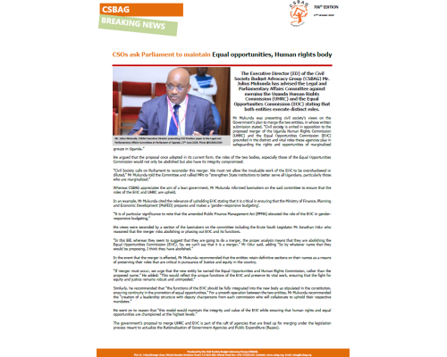 NEWS UPDATE: CSOs ask Parliament to maintain Equal opportunities, Human rights body