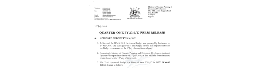 Ministry Of Finance, Planning And Economic Development Q 1 Budget FY 2016-17 Press Release