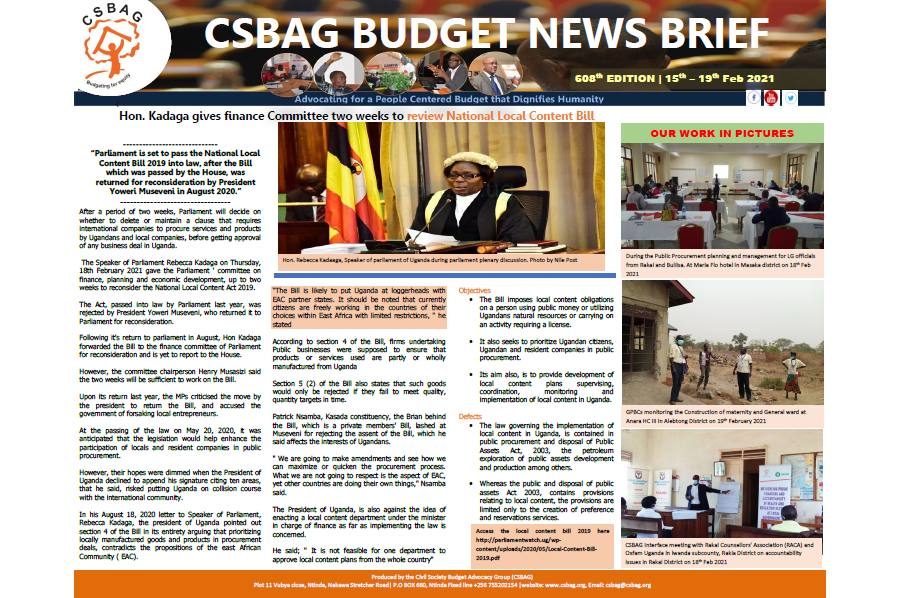 Hon. Kadaga gives finance Committee two weeks to review National Local Content Bill