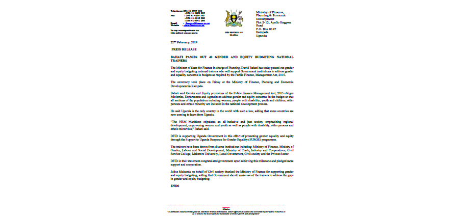 Bahati Passes Out 40 Gender And Equity Budgeting National Trainers