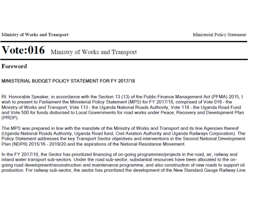 Ministerial Policy Statement Of The Ministry Of Works And Transport FY 2017/18