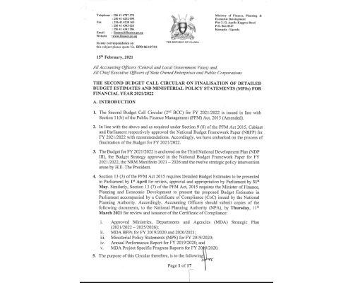 The Second Budget Call Circular on Finalization Of Detailed Budget Estimates And Ministerial Policy Statement (MPS) For FY 2021/2022