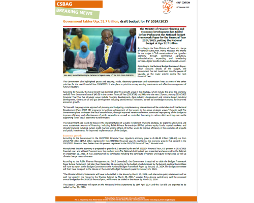 Government tables Ugx.52.7 trillion, draft budget for FY 2024/2025
