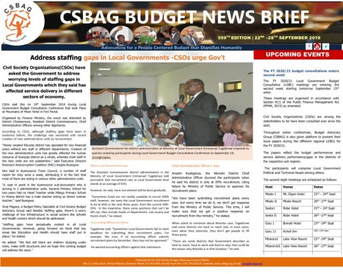 thumbnail of CSBAG BUDGET NEWS- CSOs urge Gov’t to address staffing gaps 22nd sept 2019