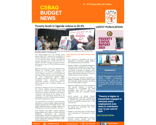 Poverty levels in Uganda reduce to 20.3%