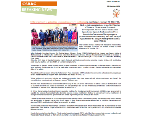 CSOs urge Gov’t to prioritize economic recovery, wellbeing in the Budget strategy FY 2022/23.