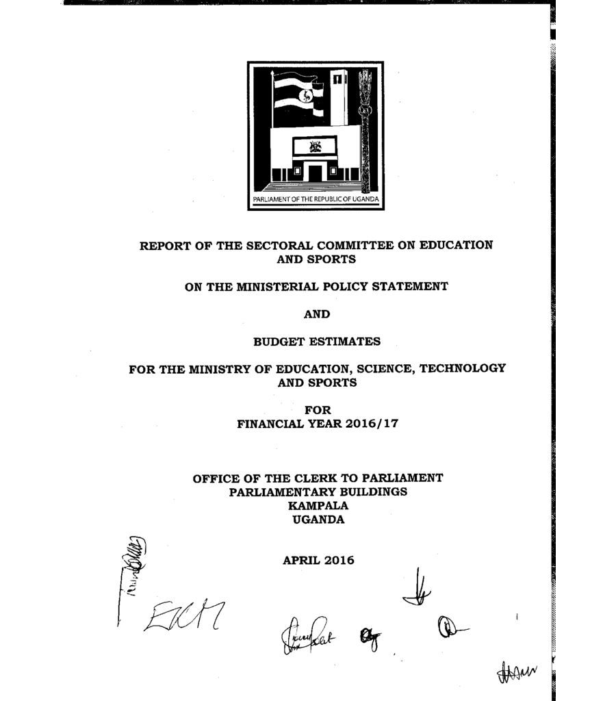 Parliamentary Committee Report On Education And Sports On The Ministerial Policy Statement And Budget Estimates FY 2016/17