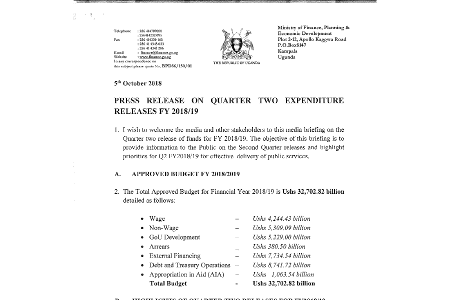 Press Release On Quarter Two Expenditure Releases FY2018-19