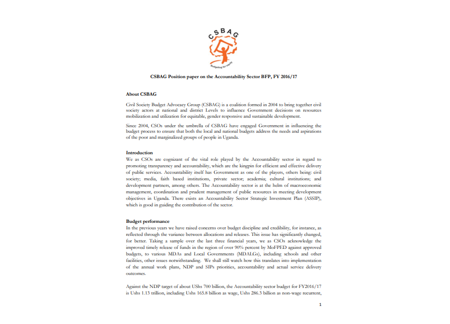 CSBAG Position Paper On The Accountability Sector BFP, FY 2016/17